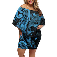 Hawaiian Manta Rays Family Matching Off Shoulder Short Dress and Hawaiian Shirt Tribal Hibiscus Polynesian Tattoos Blue Color LT03 Mom's Dress Blue - Polynesian Pride