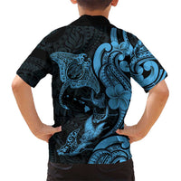 Hawaiian Manta Rays Family Matching Short Sleeve Bodycon Dress and Hawaiian Shirt Tribal Hibiscus Polynesian Tattoos Blue Color LT03 - Polynesian Pride