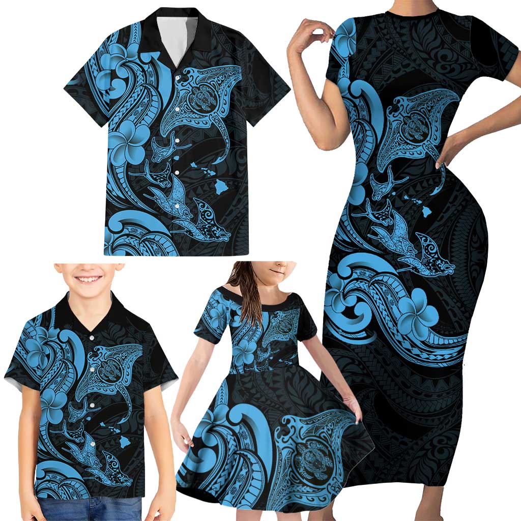 Hawaiian Manta Rays Family Matching Short Sleeve Bodycon Dress and Hawaiian Shirt Tribal Hibiscus Polynesian Tattoos Blue Color LT03 - Polynesian Pride
