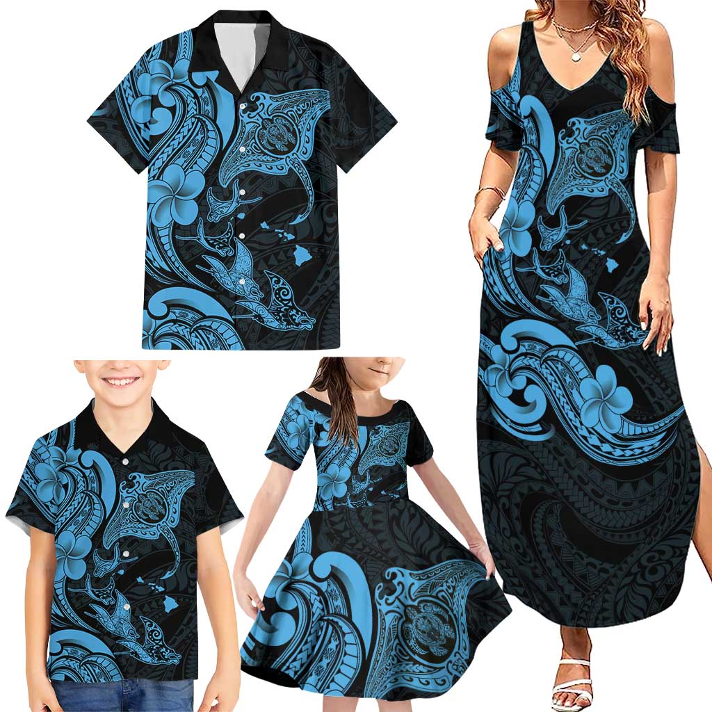 Hawaiian Manta Rays Family Matching Summer Maxi Dress and Hawaiian Shirt Tribal Hibiscus Polynesian Tattoos Blue Color LT03 - Polynesian Pride