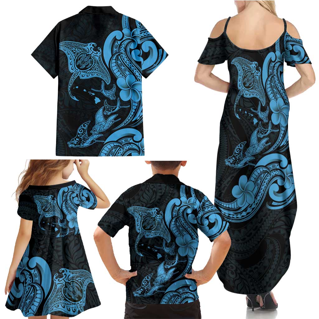 Hawaiian Manta Rays Family Matching Summer Maxi Dress and Hawaiian Shirt Tribal Hibiscus Polynesian Tattoos Blue Color LT03 - Polynesian Pride