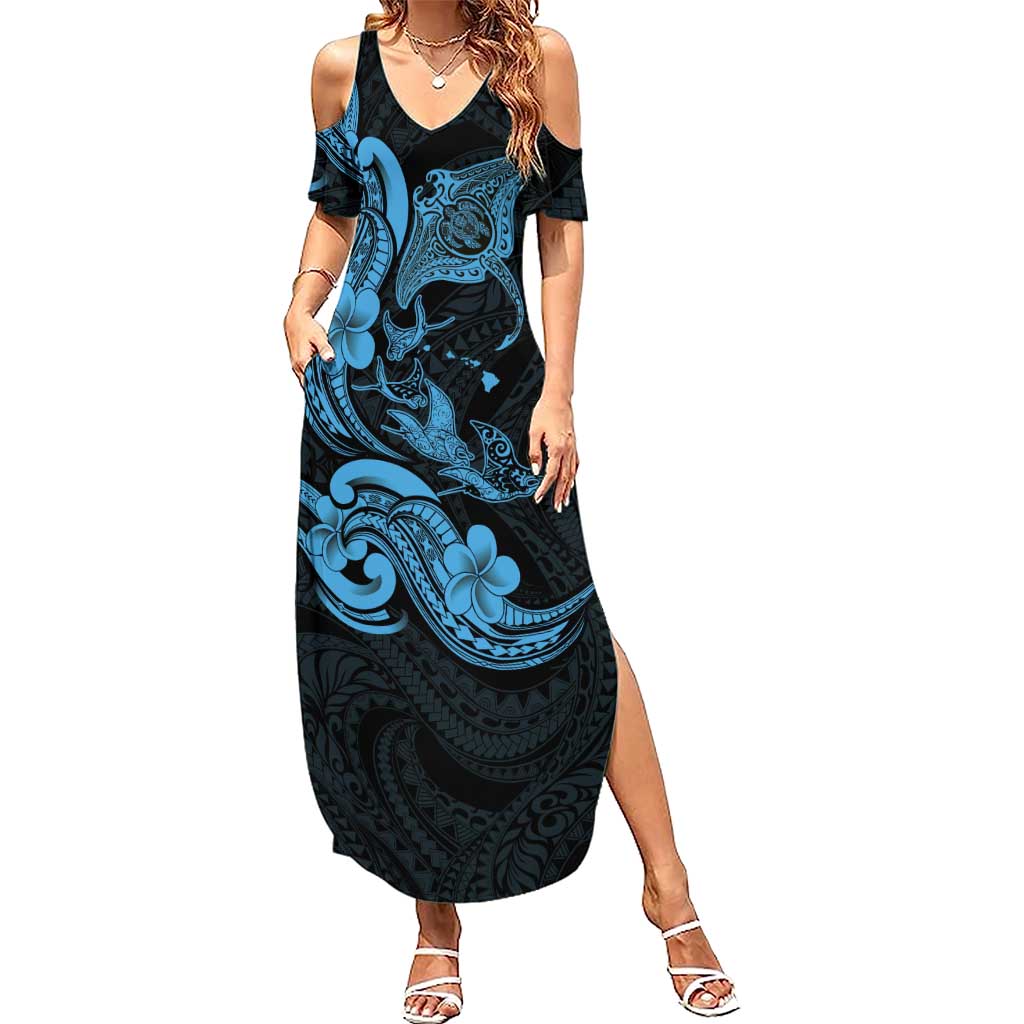 Hawaiian Manta Rays Family Matching Summer Maxi Dress and Hawaiian Shirt Tribal Hibiscus Polynesian Tattoos Blue Color LT03 Mom's Dress Blue - Polynesian Pride