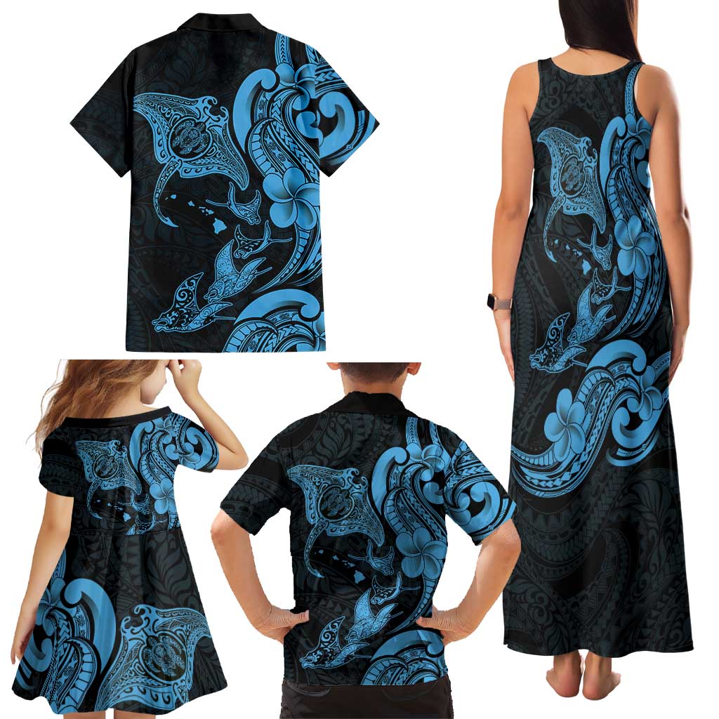 Hawaiian Manta Rays Family Matching Tank Maxi Dress and Hawaiian Shirt Tribal Hibiscus Polynesian Tattoos Blue Color LT03 - Polynesian Pride