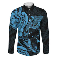 Hawaiian Manta Rays Family Matching Tank Maxi Dress and Hawaiian Shirt Tribal Hibiscus Polynesian Tattoos Blue Color LT03 Dad's Shirt - Long Sleeve Blue - Polynesian Pride
