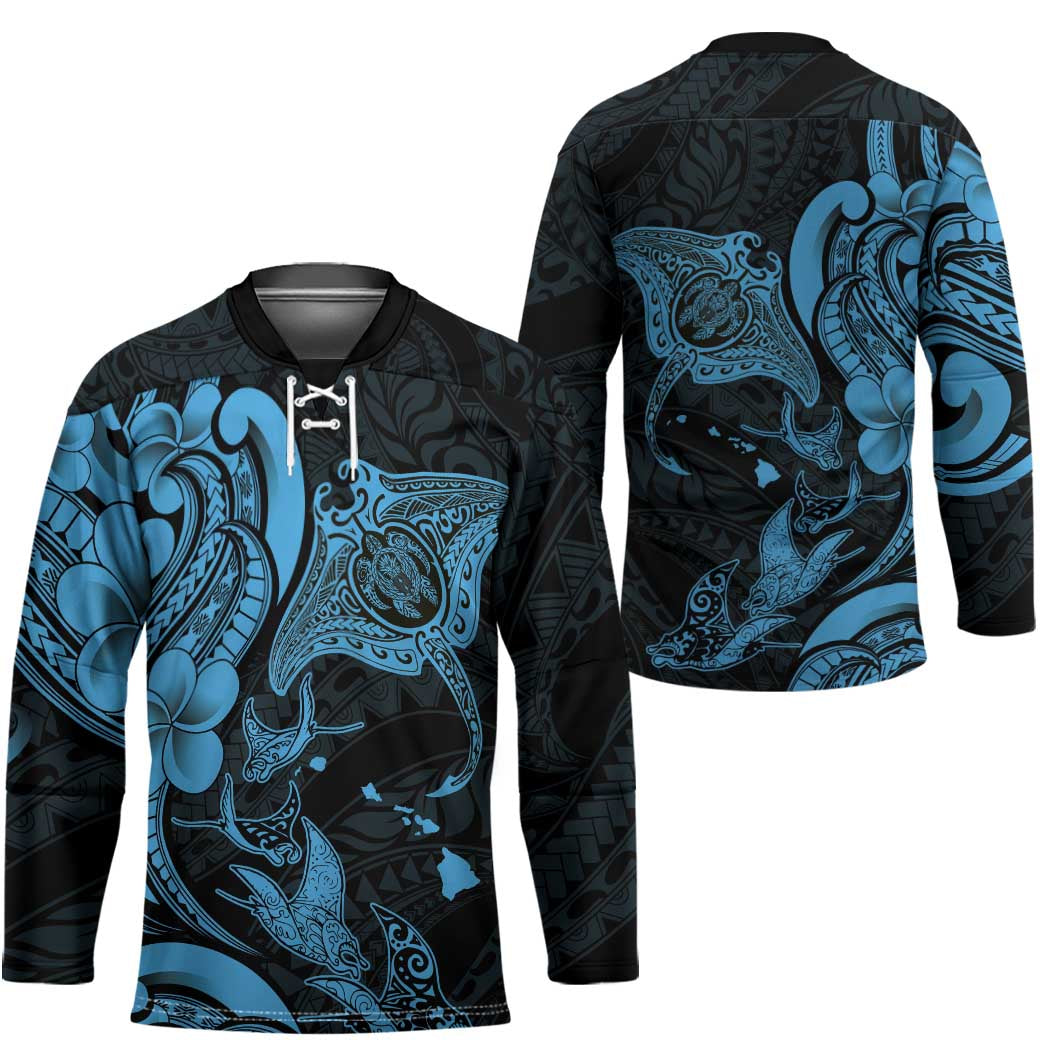 Hawaiian Manta Rays Hockey Jersey Tribal Hibiscus Polynesian Tattoos Blue Color - Polynesian Pride