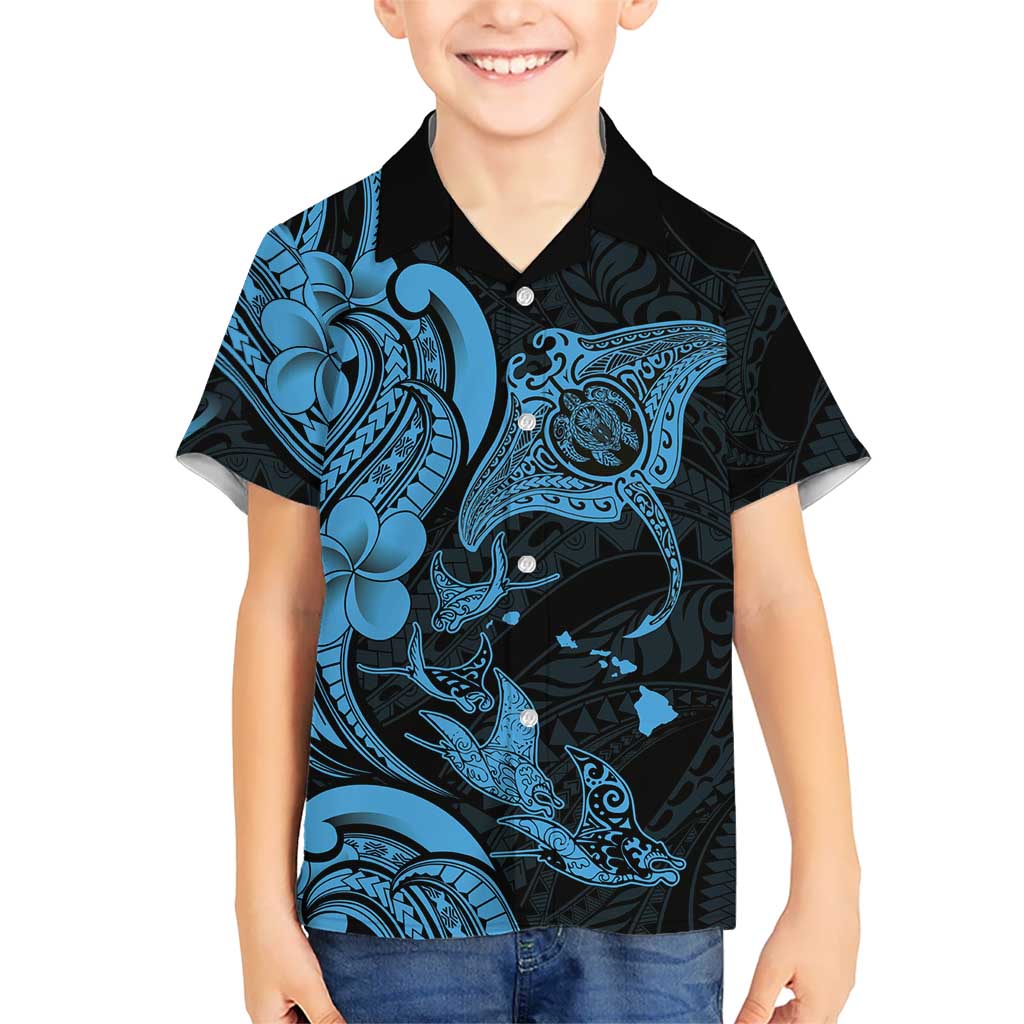 Hawaiian Manta Rays Kid Hawaiian Shirt Tribal Hibiscus Polynesian Tattoos Blue Color LT03 Kid Blue - Polynesian Pride