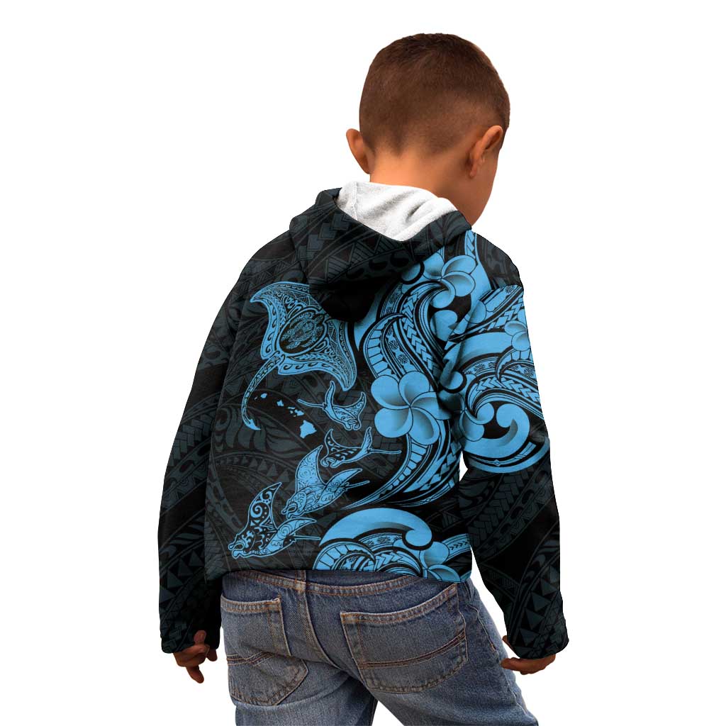 Hawaiian Manta Rays Kid Hoodie Tribal Hibiscus Polynesian Tattoos Blue Color - Polynesian Pride