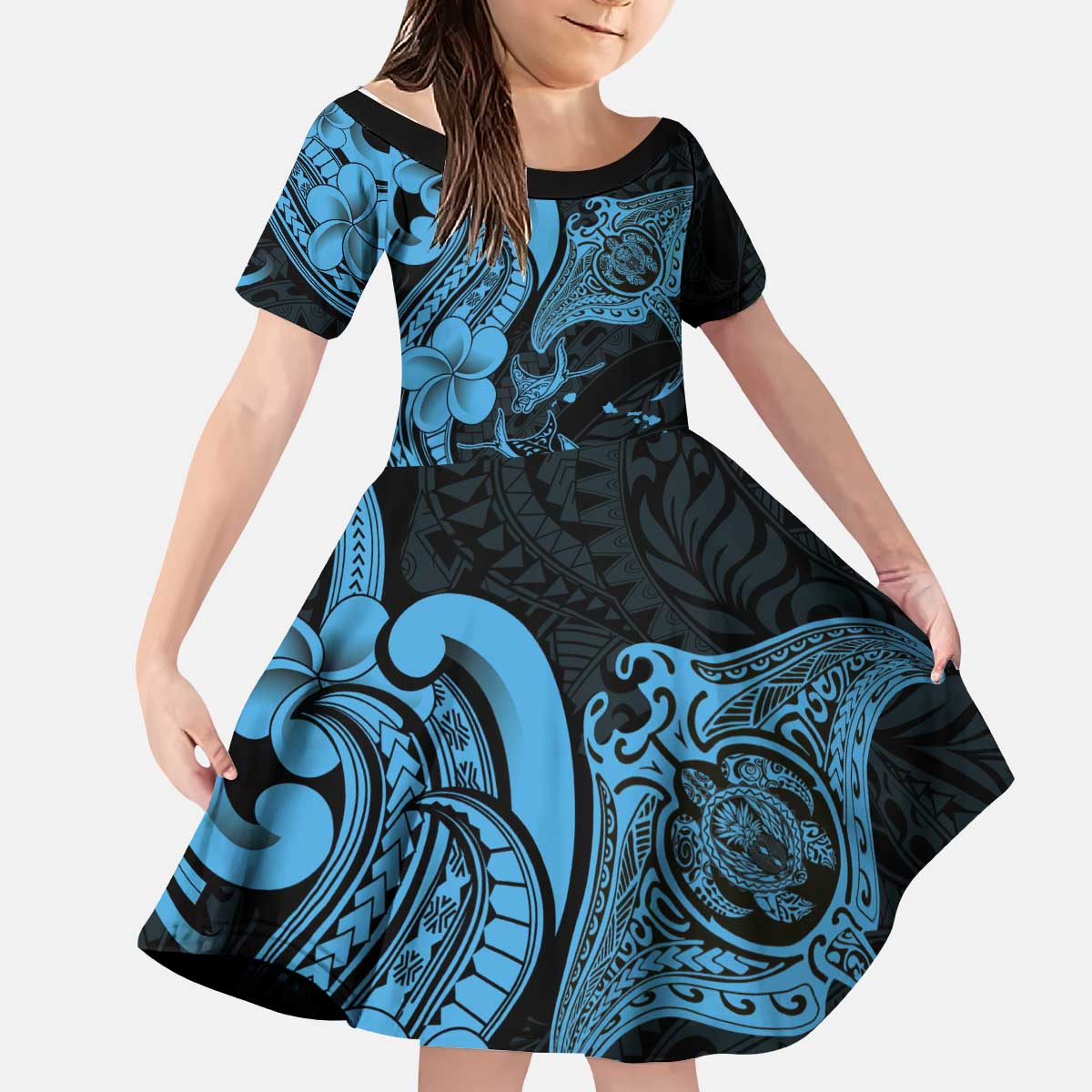Hawaiian Manta Rays Kid Short Sleeve Dress Tribal Hibiscus Polynesian Tattoos Blue Color LT03 KID Blue - Polynesian Pride