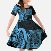 Hawaiian Manta Rays Kid Short Sleeve Dress Tribal Hibiscus Polynesian Tattoos Blue Color LT03 KID Blue - Polynesian Pride