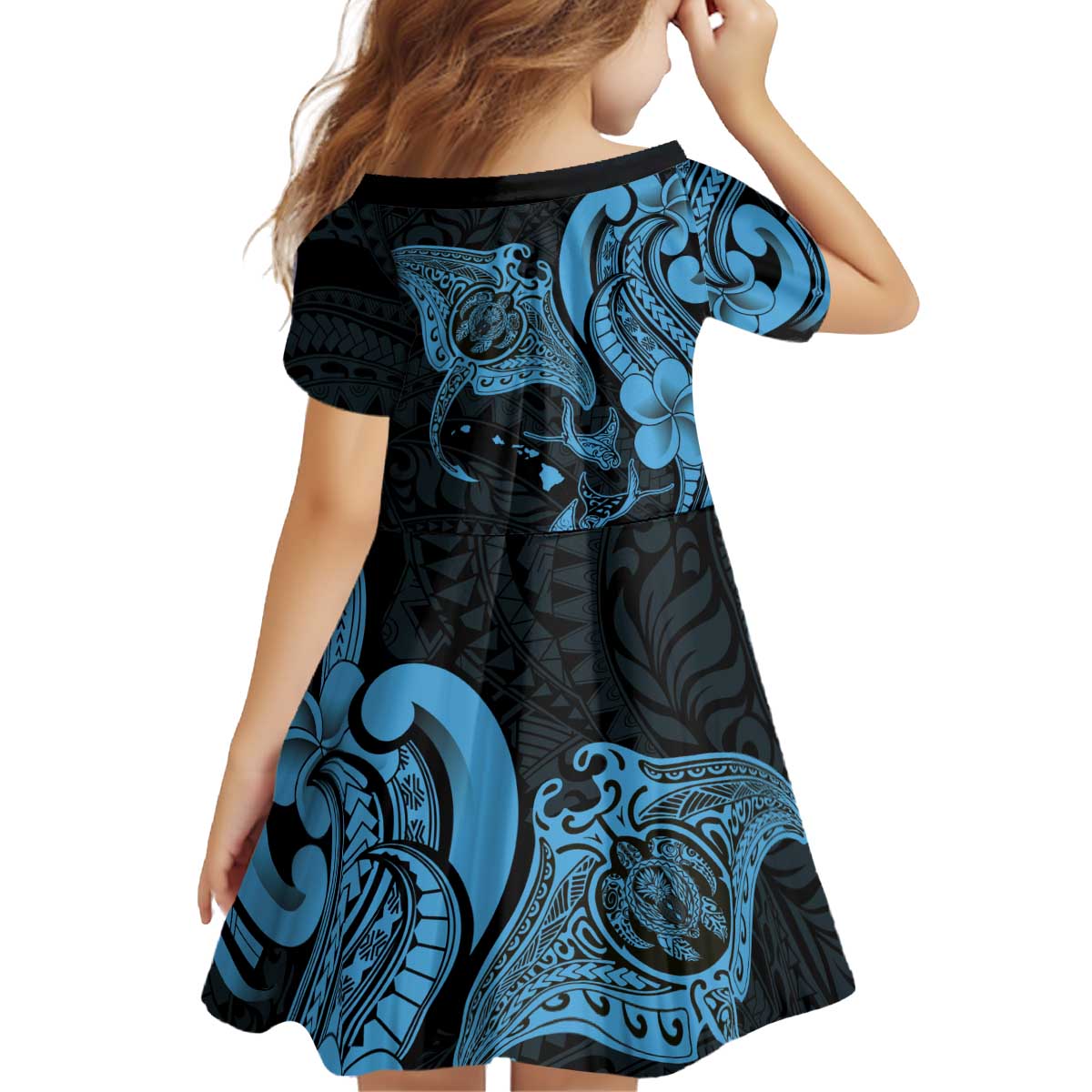 Hawaiian Manta Rays Kid Short Sleeve Dress Tribal Hibiscus Polynesian Tattoos Blue Color LT03 - Polynesian Pride