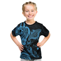 Hawaiian Manta Rays Kid T Shirt Tribal Hibiscus Polynesian Tattoos Blue Color - Polynesian Pride