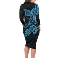 Hawaiian Manta Rays Long Sleeve Bodycon Dress Tribal Hibiscus Polynesian Tattoos Blue Color LT03 - Polynesian Pride