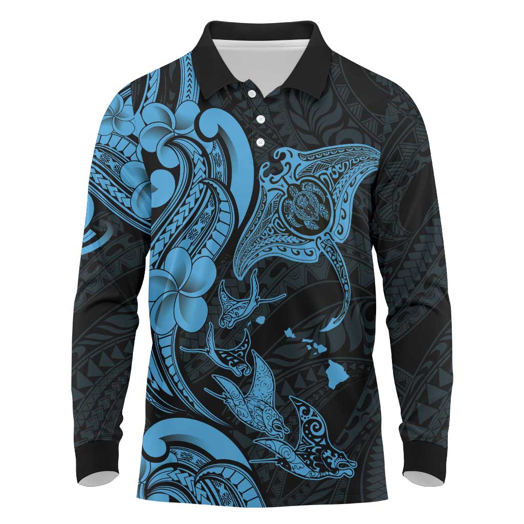 Hawaiian Manta Rays Long Sleeve Polo Shirt Tribal Hibiscus Polynesian Tattoos Blue Color LT03 Blue - Polynesian Pride