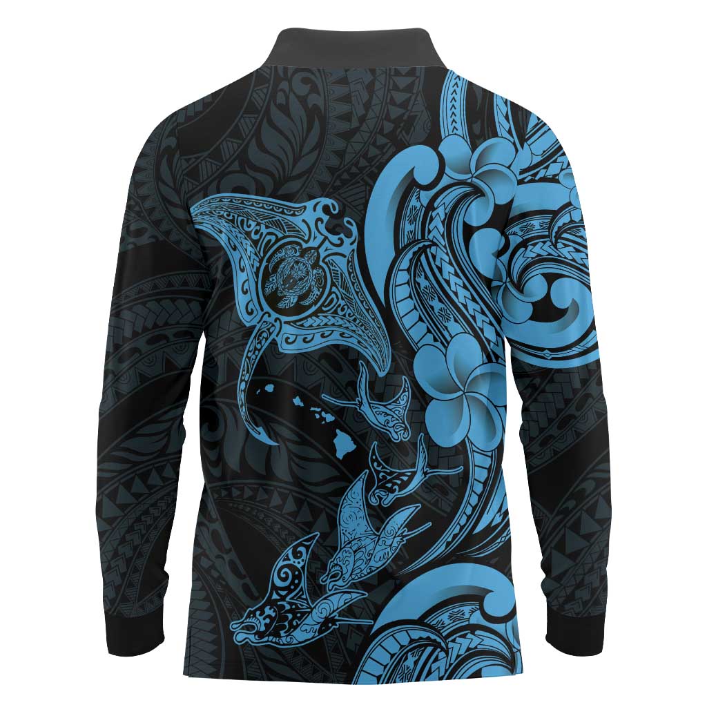 Hawaiian Manta Rays Long Sleeve Polo Shirt Tribal Hibiscus Polynesian Tattoos Blue Color LT03 - Polynesian Pride
