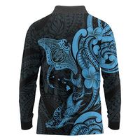 Hawaiian Manta Rays Long Sleeve Polo Shirt Tribal Hibiscus Polynesian Tattoos Blue Color LT03 - Polynesian Pride