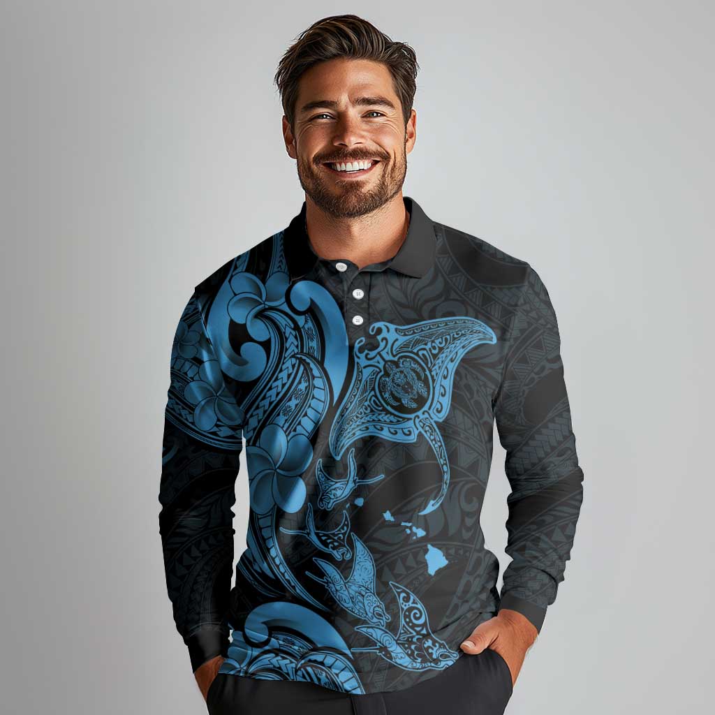 Hawaiian Manta Rays Long Sleeve Polo Shirt Tribal Hibiscus Polynesian Tattoos Blue Color LT03 - Polynesian Pride