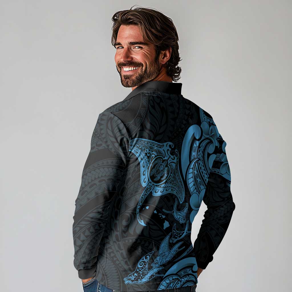 Hawaiian Manta Rays Long Sleeve Polo Shirt Tribal Hibiscus Polynesian Tattoos Blue Color LT03 - Polynesian Pride