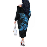 Hawaiian Manta Rays Off The Shoulder Long Sleeve Dress Tribal Hibiscus Polynesian Tattoos Blue Color LT03 - Polynesian Pride
