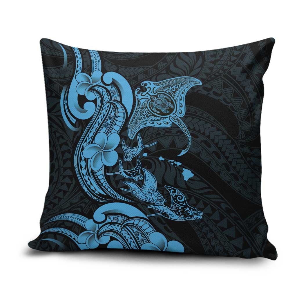 Hawaiian Manta Rays Pillow Cover Tribal Hibiscus Polynesian Tattoos Blue Color LT03 Blue - Polynesian Pride