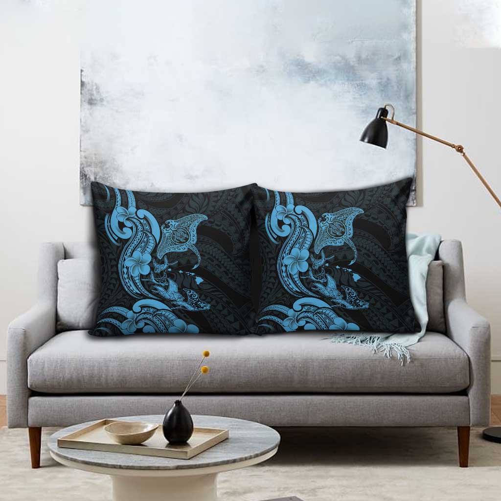 Hawaiian Manta Rays Pillow Cover Tribal Hibiscus Polynesian Tattoos Blue Color LT03 - Polynesian Pride
