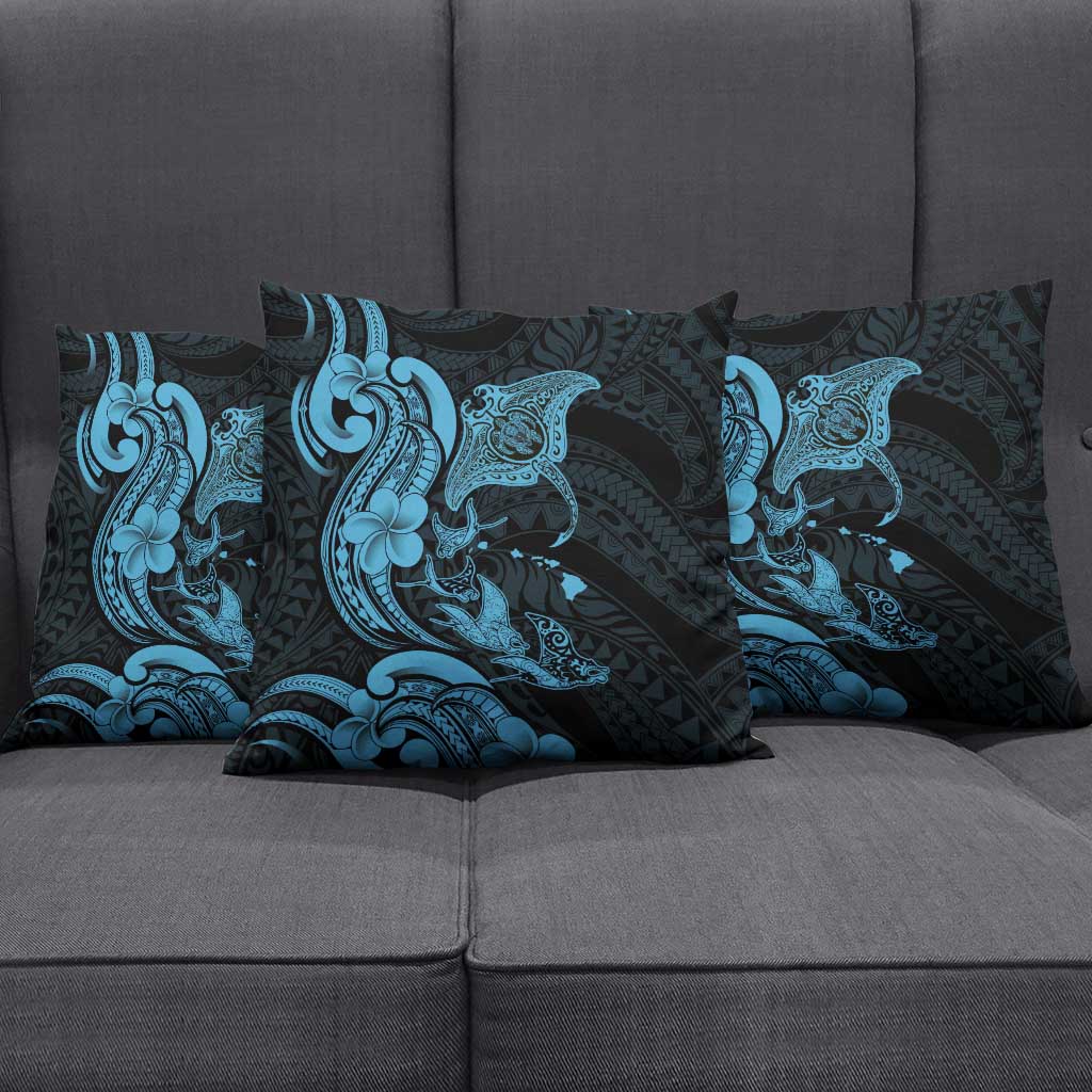 Hawaiian Manta Rays Pillow Cover Tribal Hibiscus Polynesian Tattoos Blue Color LT03 - Polynesian Pride
