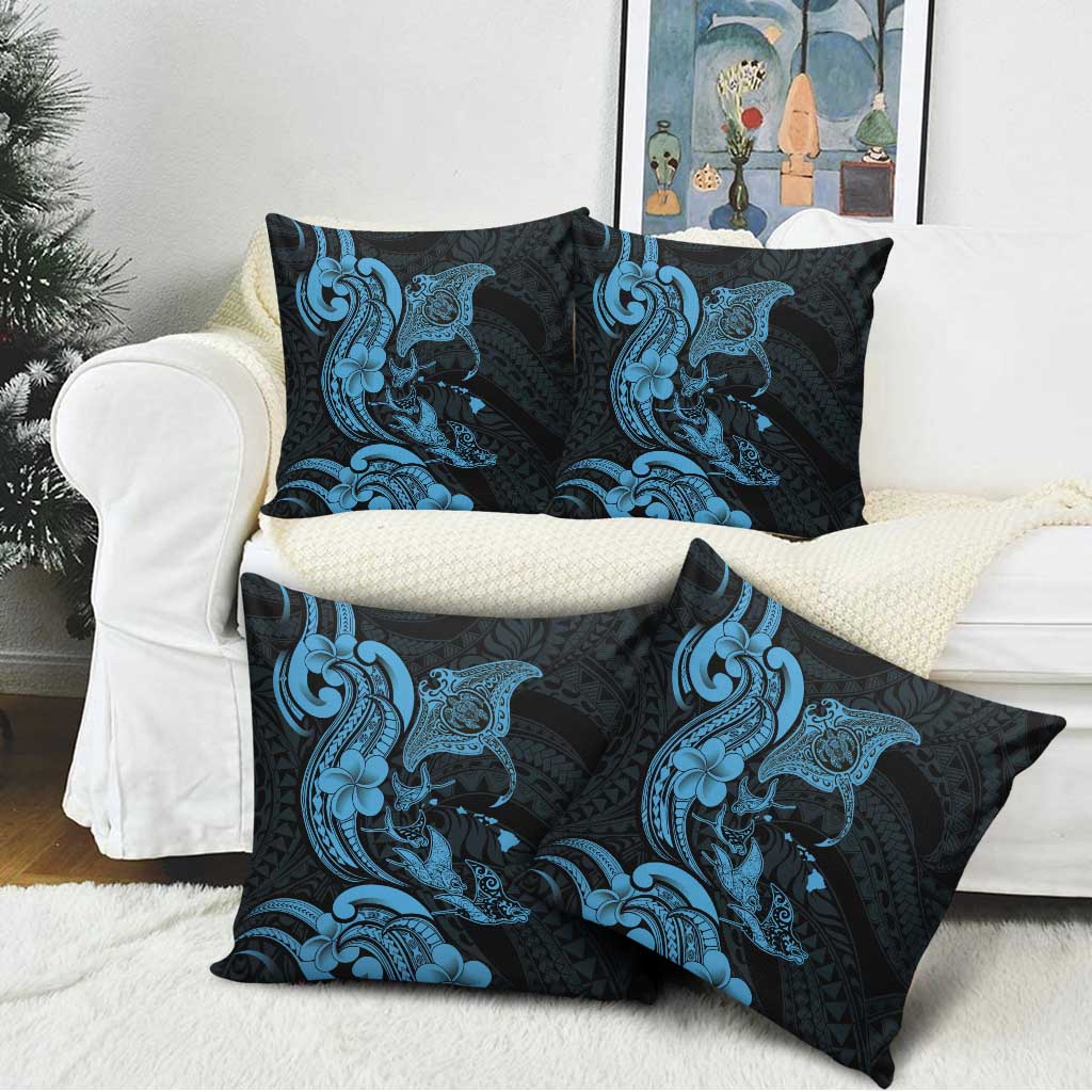 Hawaiian Manta Rays Pillow Cover Tribal Hibiscus Polynesian Tattoos Blue Color LT03 - Polynesian Pride