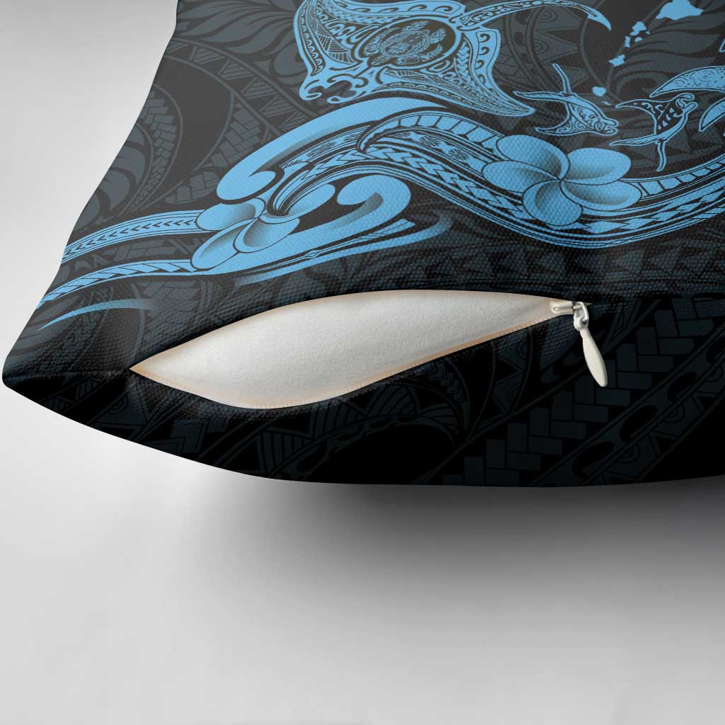 Hawaiian Manta Rays Pillow Cover Tribal Hibiscus Polynesian Tattoos Blue Color LT03 - Polynesian Pride