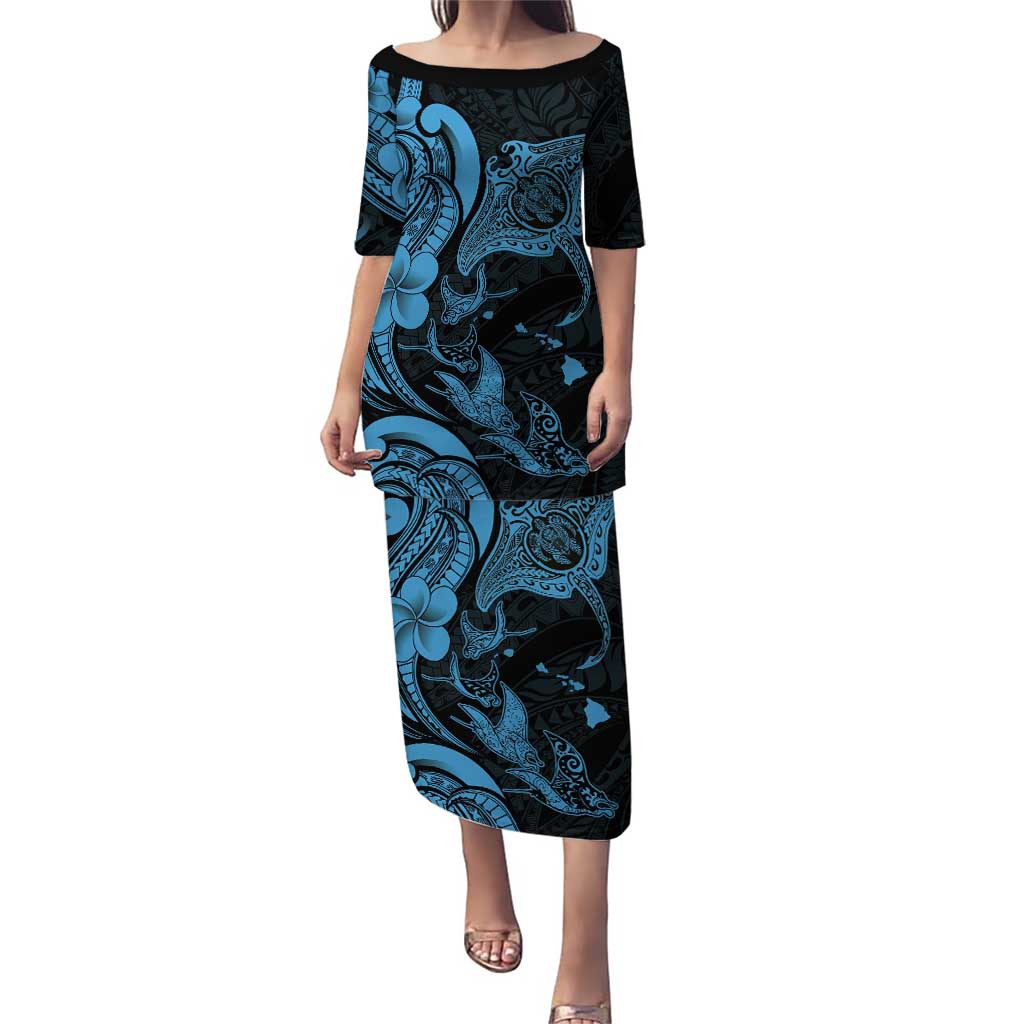 Hawaiian Manta Rays Puletasi Tribal Hibiscus Polynesian Tattoos Blue Color - Polynesian Pride