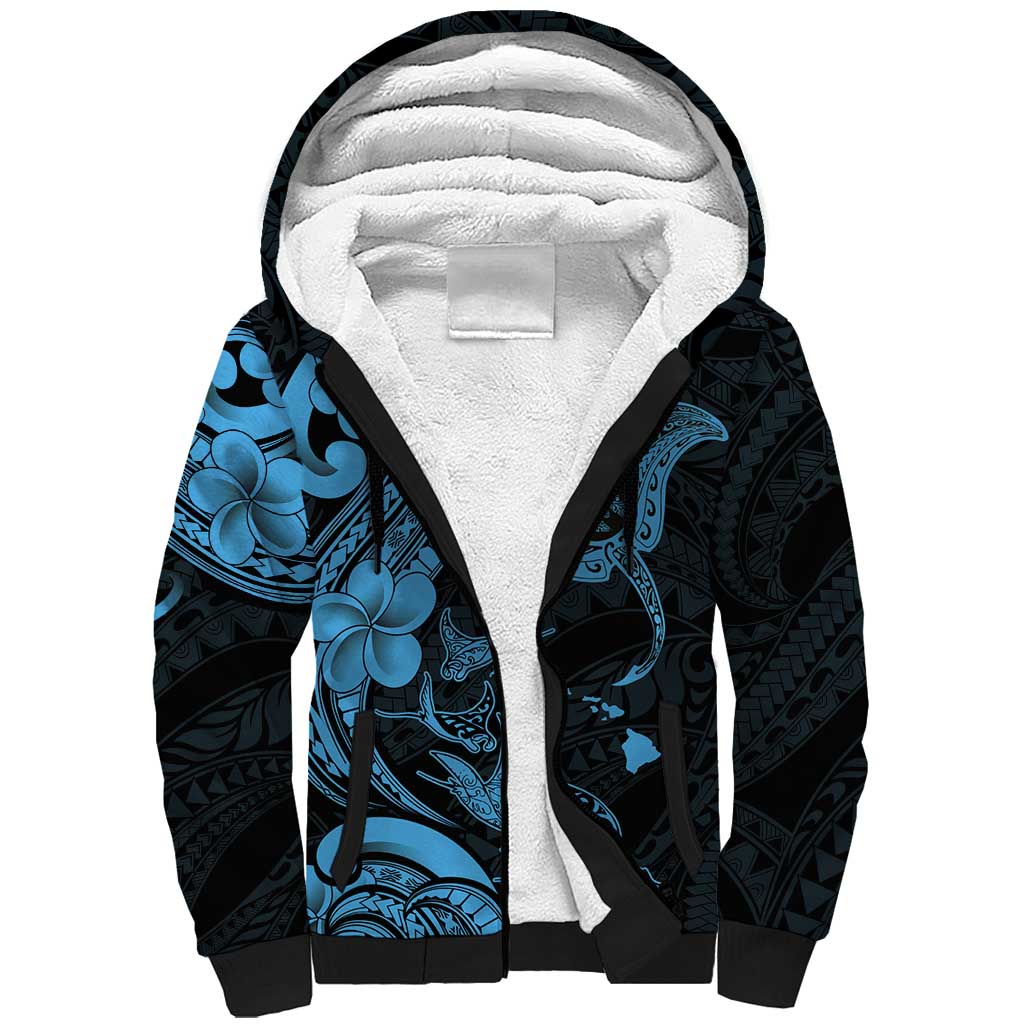 Hawaiian Manta Rays Sherpa Hoodie Tribal Hibiscus Polynesian Tattoos Blue Color LT03 Unisex Blue - Polynesian Pride