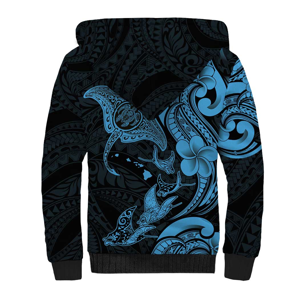 Hawaiian Manta Rays Sherpa Hoodie Tribal Hibiscus Polynesian Tattoos Blue Color LT03 - Polynesian Pride