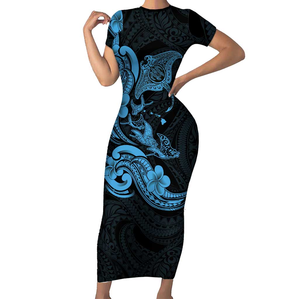 Hawaiian Manta Rays Short Sleeve Bodycon Dress Tribal Hibiscus Polynesian Tattoos Blue Color LT03 Long Dress Blue - Polynesian Pride
