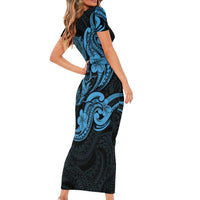 Hawaiian Manta Rays Short Sleeve Bodycon Dress Tribal Hibiscus Polynesian Tattoos Blue Color LT03 - Polynesian Pride