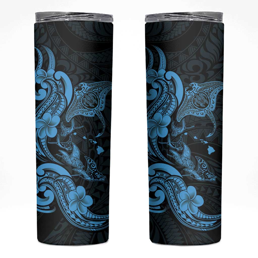 Hawaiian Manta Rays Skinny Tumbler Tribal Hibiscus Polynesian Tattoos Blue Color LT03 Blue - Polynesian Pride