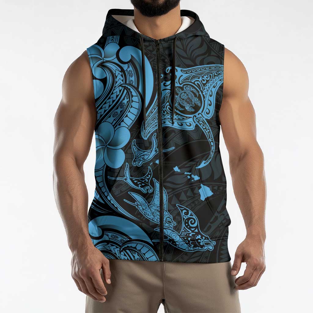 Hawaiian Manta Rays Sleeveless Zip Hoodie Tribal Hibiscus Polynesian Tattoos Blue Color LT03 - Polynesian Pride