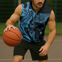 Hawaiian Manta Rays Sleeveless Zip Hoodie Tribal Hibiscus Polynesian Tattoos Blue Color LT03 - Polynesian Pride