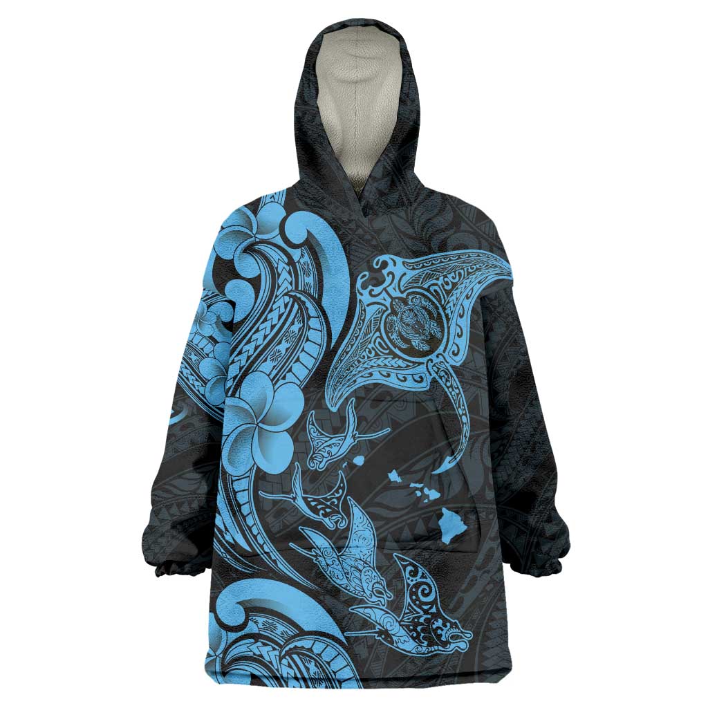 Hawaiian Manta Rays Wearable Blanket Hoodie Tribal Hibiscus Polynesian Tattoos Blue Color LT03 One Size Blue - Polynesian Pride