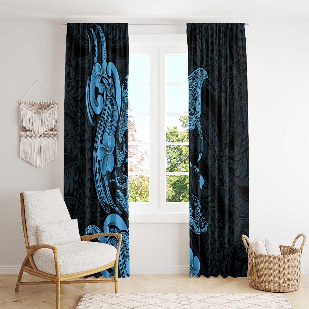 Hawaiian Manta Rays Window Curtain Tribal Hibiscus Polynesian Tattoos Blue Color - Polynesian Pride