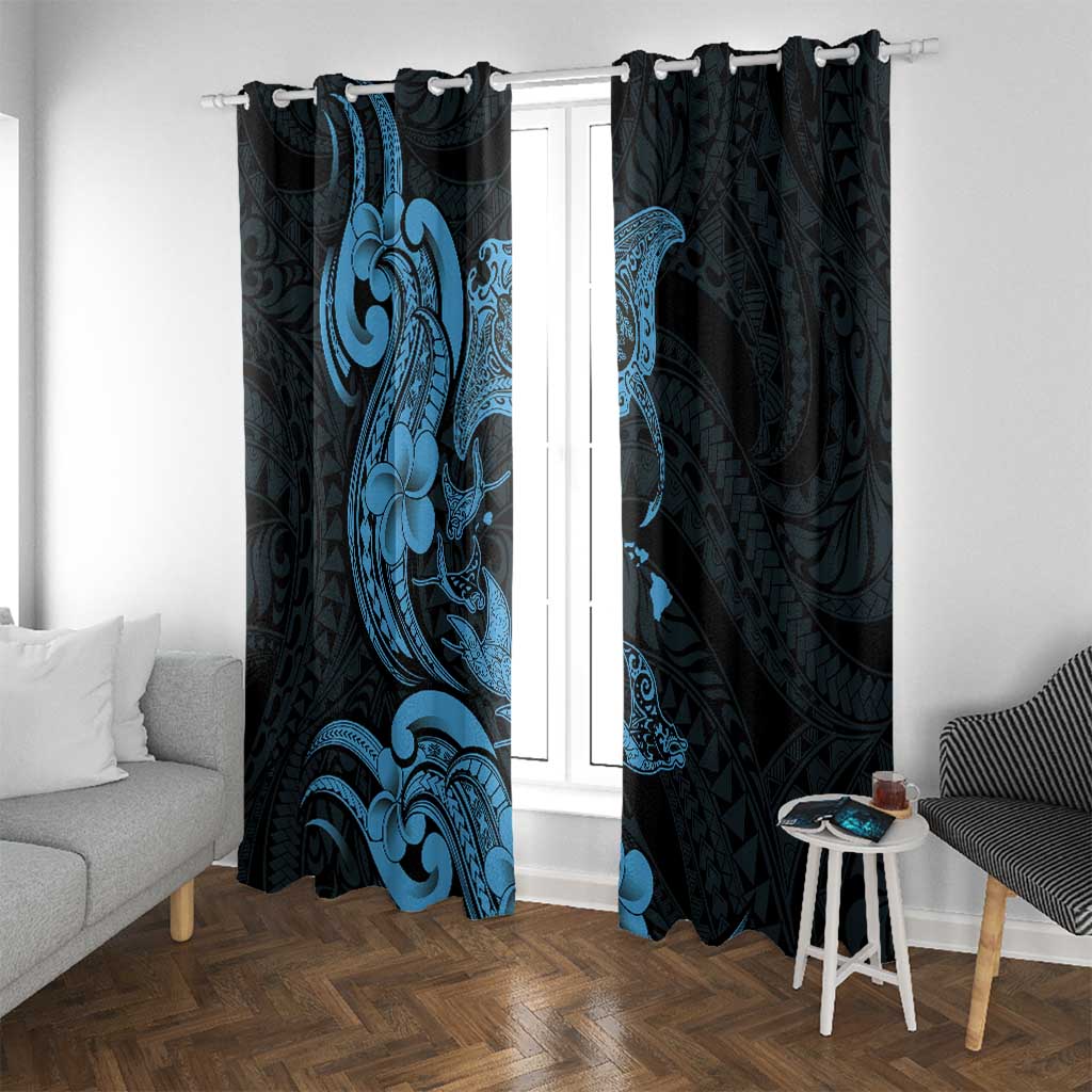 Hawaiian Manta Rays Window Curtain Tribal Hibiscus Polynesian Tattoos Blue Color - Polynesian Pride