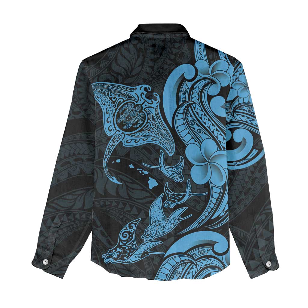Hawaiian Manta Rays Women Casual Shirt Tribal Hibiscus Polynesian Tattoos Blue Color - Polynesian Pride
