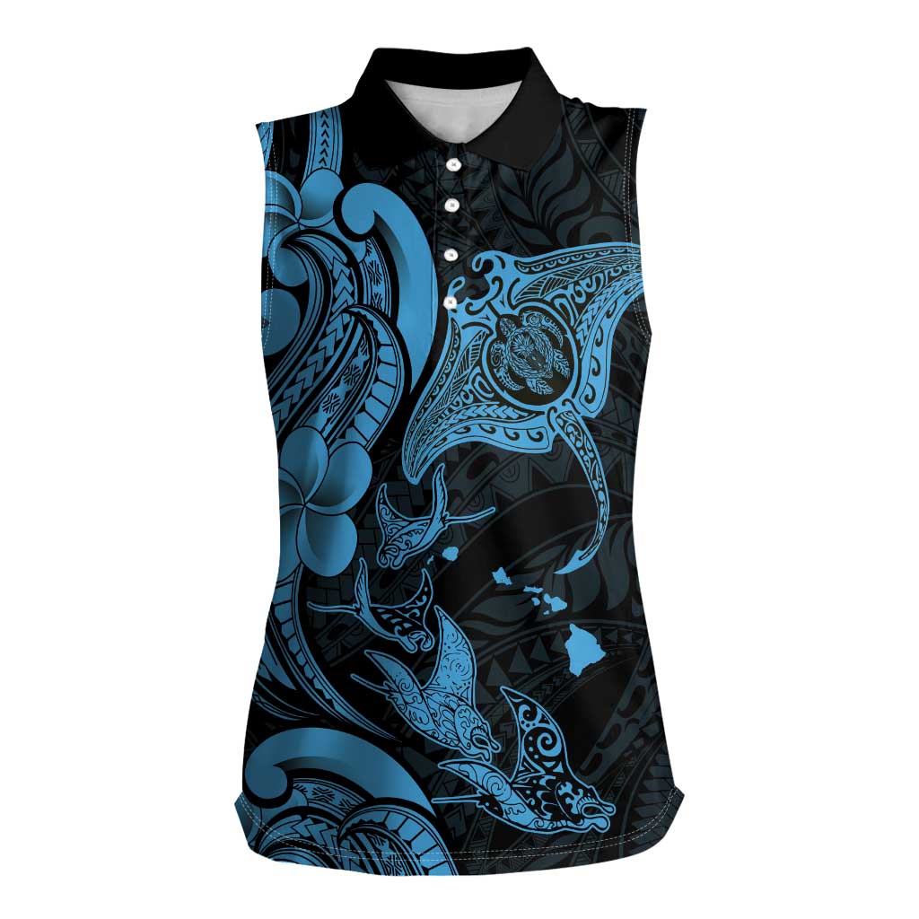 Hawaiian Manta Rays Women Sleeveless Polo Shirt Tribal Hibiscus Polynesian Tattoos Blue Color LT03 Female Blue - Polynesian Pride