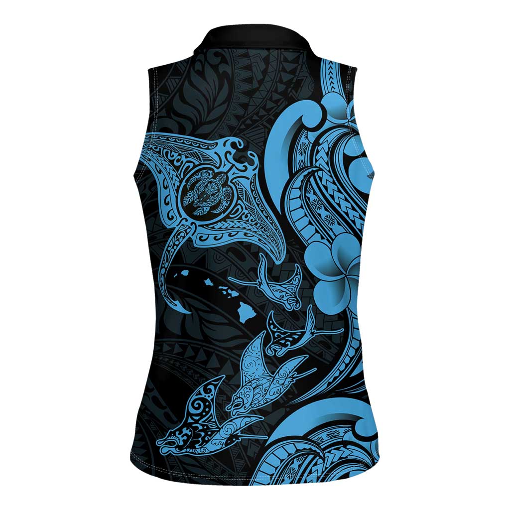 Hawaiian Manta Rays Women Sleeveless Polo Shirt Tribal Hibiscus Polynesian Tattoos Blue Color LT03 - Polynesian Pride