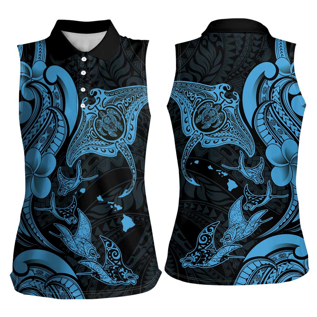 Hawaiian Manta Rays Women Sleeveless Polo Shirt Tribal Hibiscus Polynesian Tattoos Blue Color LT03 - Polynesian Pride