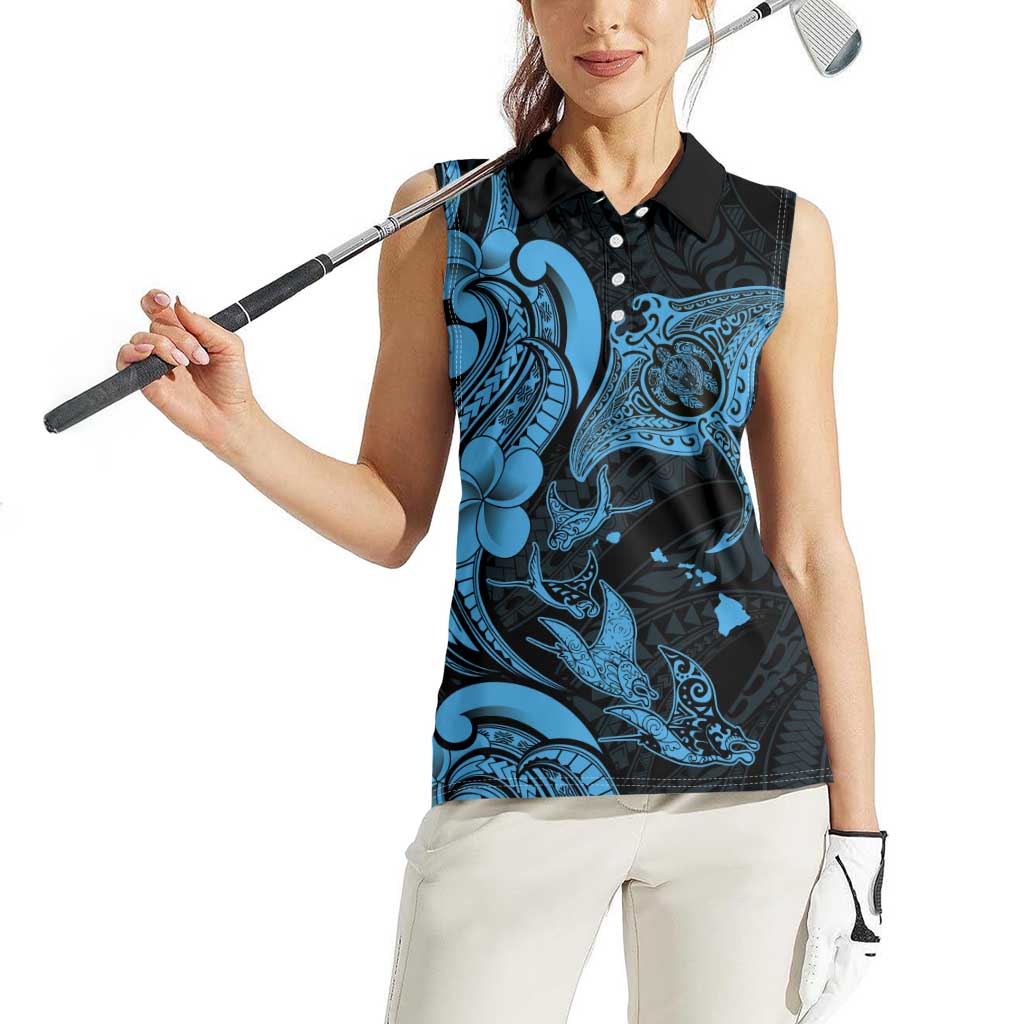 Hawaiian Manta Rays Women Sleeveless Polo Shirt Tribal Hibiscus Polynesian Tattoos Blue Color LT03 - Polynesian Pride