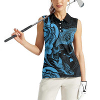 Hawaiian Manta Rays Women Sleeveless Polo Shirt Tribal Hibiscus Polynesian Tattoos Blue Color LT03 - Polynesian Pride