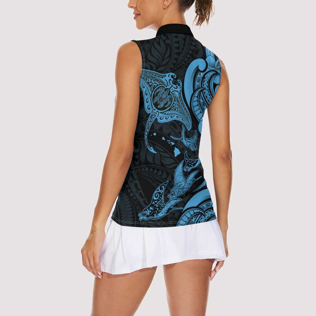Hawaiian Manta Rays Women Sleeveless Polo Shirt Tribal Hibiscus Polynesian Tattoos Blue Color LT03 - Polynesian Pride