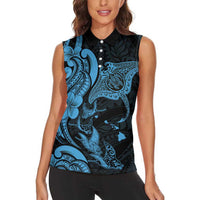 Hawaiian Manta Rays Women Sleeveless Polo Shirt Tribal Hibiscus Polynesian Tattoos Blue Color LT03 - Polynesian Pride