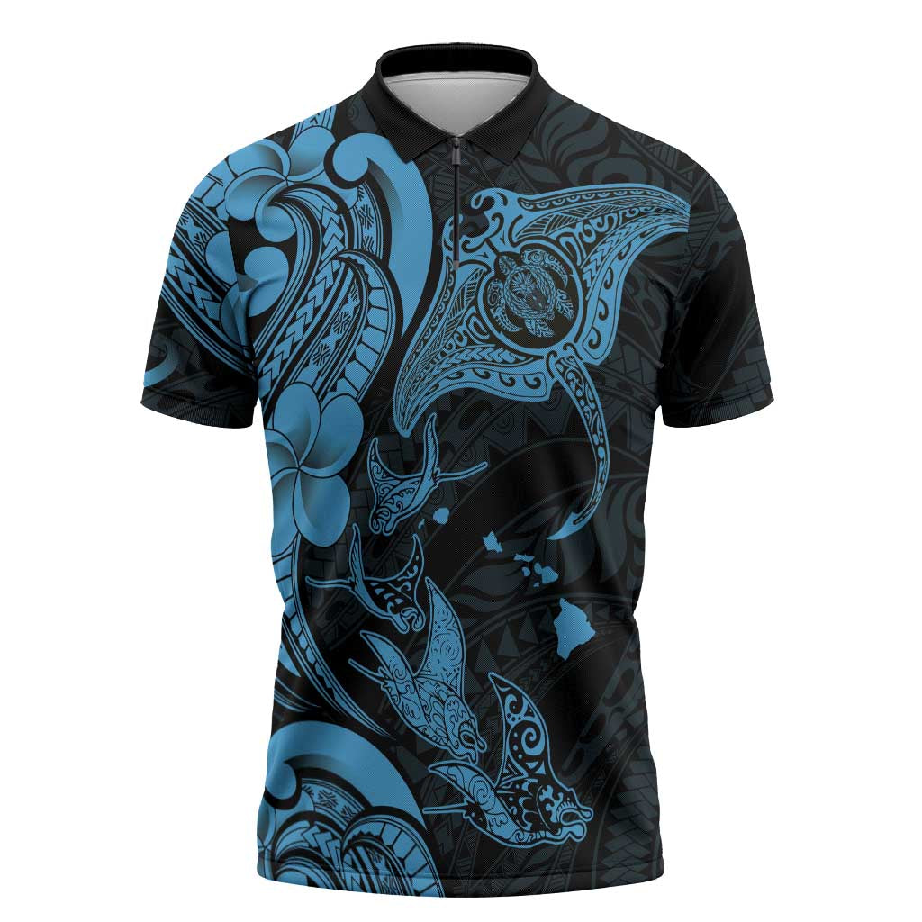 Hawaiian Manta Rays Zipper Polo Shirt Tribal Hibiscus Polynesian Tattoos Blue Color - Polynesian Pride