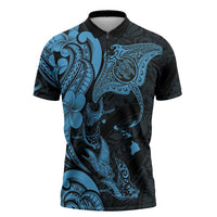 Hawaiian Manta Rays Zipper Polo Shirt Tribal Hibiscus Polynesian Tattoos Blue Color LT03 Blue - Polynesian Pride