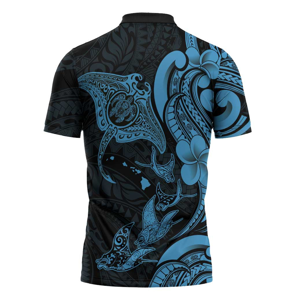 Hawaiian Manta Rays Zipper Polo Shirt Tribal Hibiscus Polynesian Tattoos Blue Color LT03 - Polynesian Pride