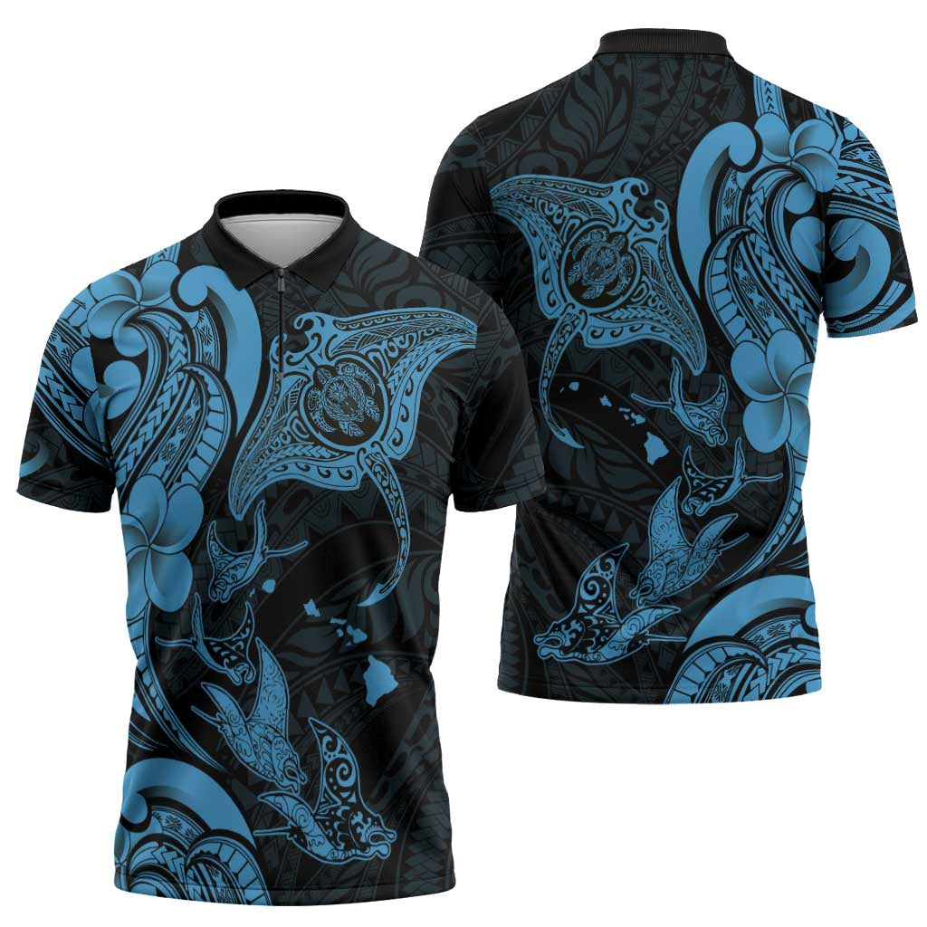 Hawaiian Manta Rays Zipper Polo Shirt Tribal Hibiscus Polynesian Tattoos Blue Color LT03 - Polynesian Pride